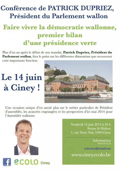 Faire vivre la démocratie : premier bilan d’une présidence verte. Conférence de Patrick Dupriez, Président du Parlement wallon